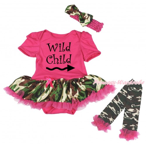 Hot Pink Baby Bodysuit Hot Pink Camouflage Pettiskirt & Wild Child Painting & Warmers Leggings JS5478