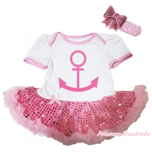 White Baby Bodysuit Sparkle Light Pink Sequins Pettiskirt & Pink Anchor Painting JS5479