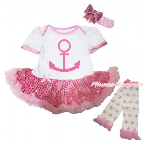White Baby Bodysuit Sparkle Light Pink Sequins Pettiskirt & Pink Anchor Painting & Warmers Leggings JS5480