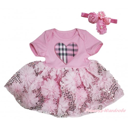 Light Pink Baby Bodysuit Light Pink Bling Sparkle Sequins Rose Pettiskirt & Light Pink Checked Heart Print JS5485