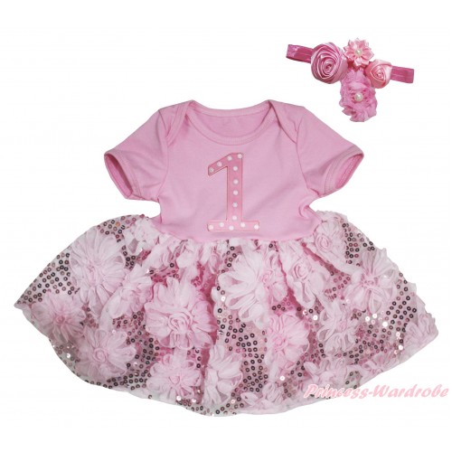 Light Pink Baby Bodysuit Light Pink Bling Sparkle Sequins Rose Pettiskirt & 1st Light Pink White Dots Birthday Number Print JS5486