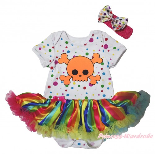Halloween White Rainbow Dots Baby Bodysuit Rainbow Stripe Pettiskirt & Orange Skeleton Print JS5489
