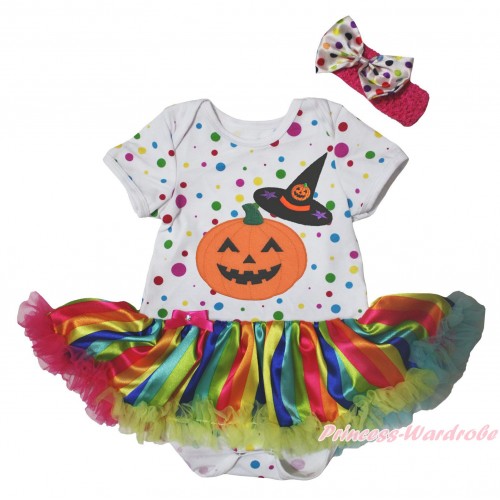 Halloween White Rainbow Dots Baby Bodysuit Rainbow Stripe Pettiskirt & Pumpkin Witch Hat & Pumpkin Print JS5490