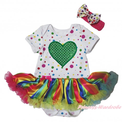 White Rainbow Dots Baby Bodysuit Rainbow Stripe Pettiskirt & Sparkle Kelly Green Heart Print JS5492