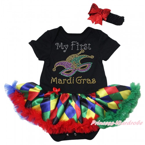 Mardi Gras Black Baby Bodysuit Rainbow Diamond Pettiskirt & Sparkle Rhinestone My First Mardi Gras Clown Mask Print JS5500