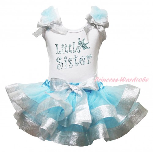 White Baby Pettitop Light Blue Ruffles Sparkle Silver Grey Bows & Sparkle Little Sister Painting & Light Blue Sparkle Silver Grey Trimmed Newborn Pettiskirt NG2138