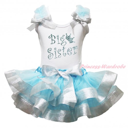 White Baby Pettitop Light Blue Ruffles Sparkle Silver Grey Bows & Sparkle Big Sister Painting & Light Blue Sparkle Silver Grey Trimmed Newborn Pettiskirt NG2139