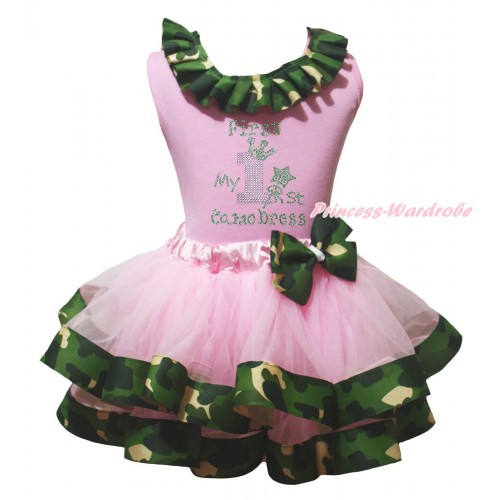 Light Pink Baby Pettitop Camouflage Lacing & Sparkle Rhinestone My 1st Camo Dress Print & Light Pink Camouflage Trimmed Baby Pettiskirt  NG2141