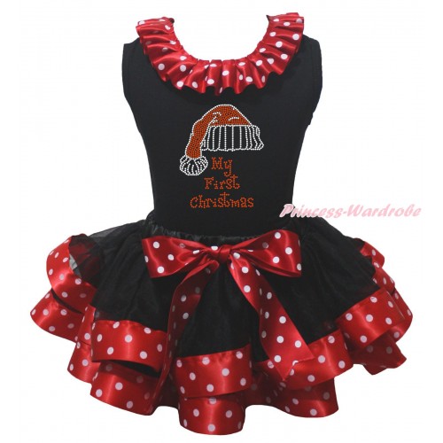 Black Baby Pettitop Minnie Dots Lacing & Sparkle Rhinestone My First Christmas Print & Black Minnie Dots Trimmed Baby Pettiskirt NG2160