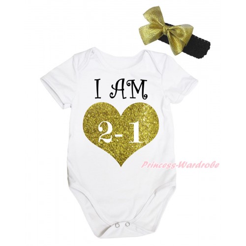 White Baby Jumpsuit & Black I AM 2-1 Painting & Black Headband Gold Bow TH728