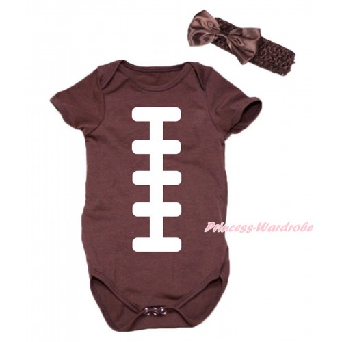 Brown Baby Jumpsuit & White Rugby Ball Print & Headband TH731
