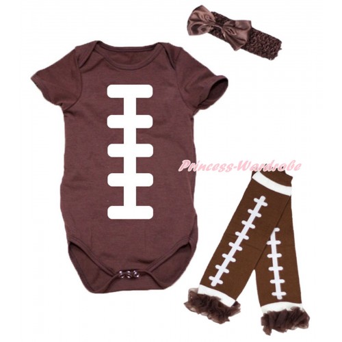 Brown Baby Jumpsuit & White Rugby Ball Print & Headband & Warmer Set TH732