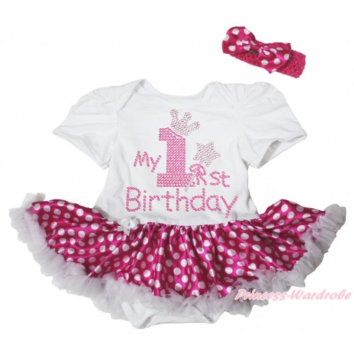 White Baby Bodysuit Hot Pink White Dots Pettiskirt & Sparkle Rhinestone My 1st Birthday Print JS5503