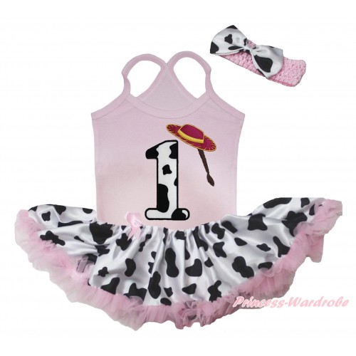 Light Pink Baby Halter Jumpsuit & 1st Cowgirl Hat Braid Milk Cow Birthday Number Print & Light Pink Milk Cow Pettiskirt JS5506