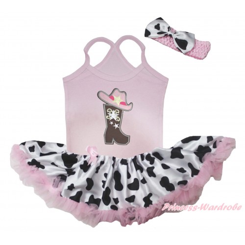 Light Pink Baby Halter Jumpsuit & Cowgirl Hat Boot Print & Light Pink Milk Cow Pettiskirt JS5507