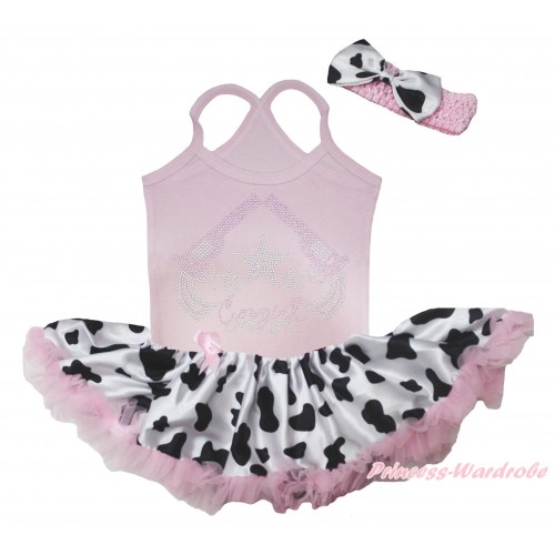Light Pink Baby Halter Jumpsuit & Sparkle Rhinestone Cowgirl Print & Light Pink Milk Cow Pettiskirt JS5509