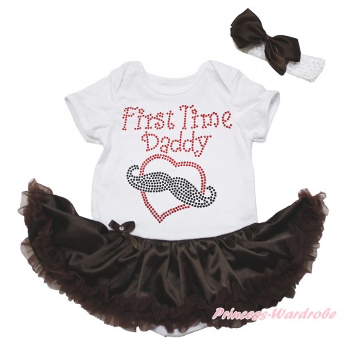 White Baby Bodysuit Jumpsuit Brown Pettiskirt & Sparkle Rhinestone First Time Daddy Print JS5609