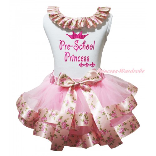 White Tank Top Pink Rose Fusion Lacing & Sparkle Pre-School Princess Painting & Light Pink Rose Fusion Trimmed Pettiskirt MG2323