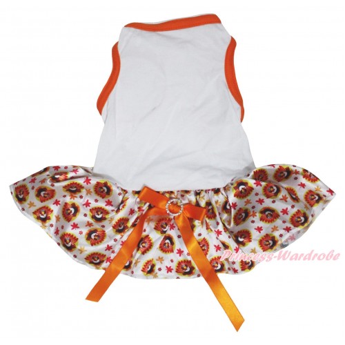Thanksgiving White Orange Piping Sleeveless Turkey Gauze Skirt & Orange Rhinestone Bow Pet Dress DC343