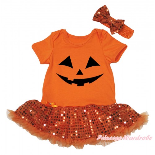 Halloween Orange Baby Bodysuit Bling Orange Sequins Pettiskirt & Pumpkin Face Painting JS5654