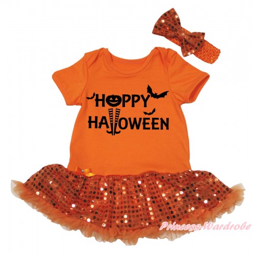 Halloween Orange Baby Bodysuit Bling Orange Sequins Pettiskirt & Happy Halloween Painting JS5655