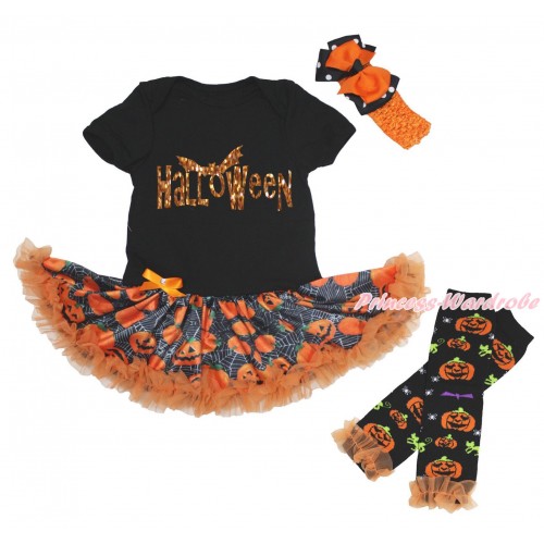Halloween Black Baby Bodysuit Spider Web Pumpkin Pettiskirt & Halloween Painting & Warmers Leggings JS5660