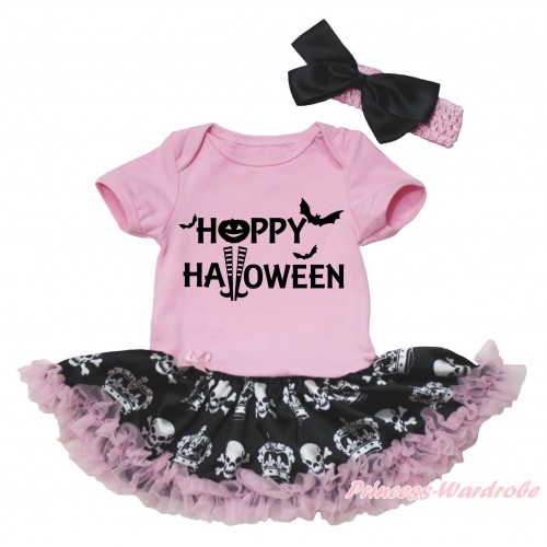 Halloween Light Pink Baby Bodysuit Black Crown Skeleton Pettiskirt & Happy Halloween Painting JS5664