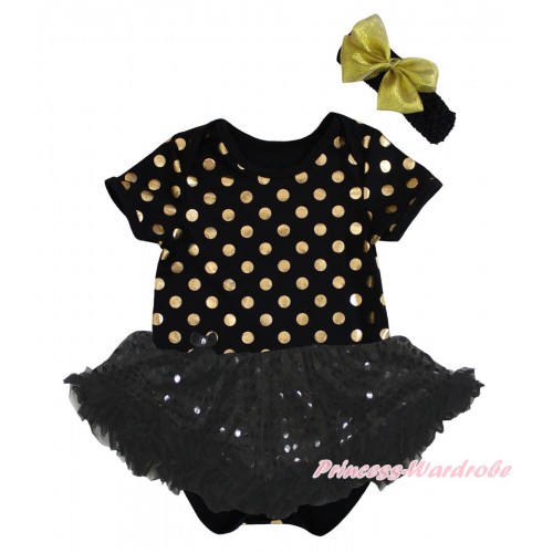Black Gold Dots Baby Bodysuit Black Sequins Pettiskirt JS5669