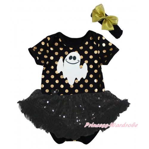Halloween Black Gold Dots Baby Bodysuit Black Sequins Pettiskirt & White Ghost Print JS5671