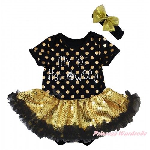 Halloween Black Gold Dots Baby Bodysuit Black Gold Sequins Pettiskirt & Sparkle Rhinestone My 1st Halloween Print JS5680