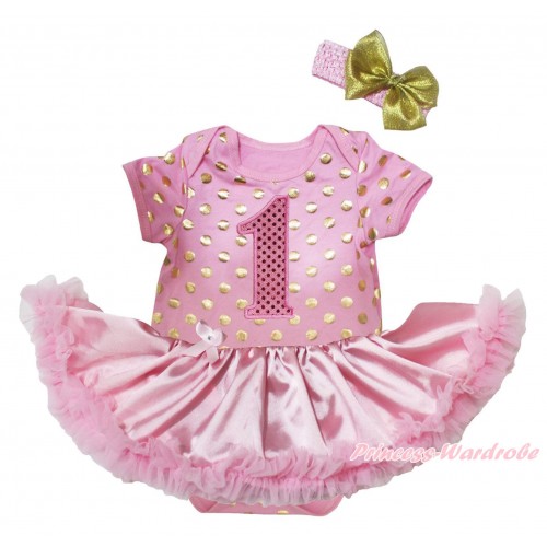 Light Pink Gold Dots Baby Bodysuit Light Pink Satin Pettiskirt & 1st Sparkle Birthday Number Print JS5683