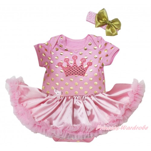 Light Pink Gold Dots Baby Bodysuit Light Pink Satin Pettiskirt & Sparkle Crown Print JS5685