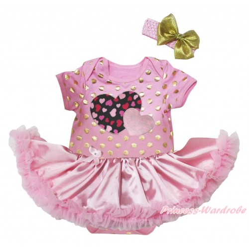 Light Pink Gold Dots Baby Bodysuit Light Pink Satin Pettiskirt & Light Pink Sweet Twin Heart Print JS5686