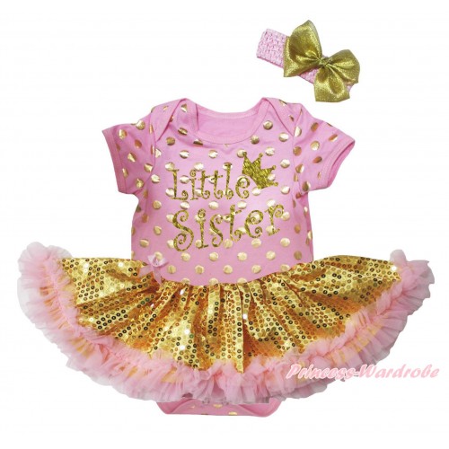 Light Pink Gold Dots Baby Bodysuit Light Pink Gold Sequins Pettiskirt & Sparkle Little Sister Painting JS5688