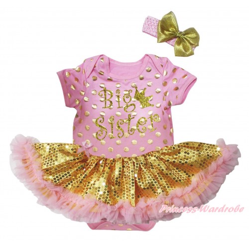 Light Pink Gold Dots Baby Bodysuit Light Pink Gold Sequins Pettiskirt & Sparkle Big Sister Painting JS5689