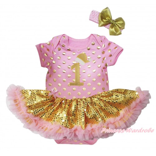 Christmas Light Pink Gold Dots Baby Bodysuit Light Pink Gold Sequins Pettiskirt & 1st Gold Santa Hat Birthday Number JS5692