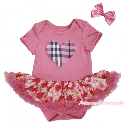Dusty Pink Baby Bodysuit Light Hot Pink Flower Pettiskirt & Light Pink Checked Heart Print JS5696