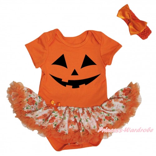 Halloween Orange Baby Bodysuit Orange Flower Pettiskirt & Pumpkin Face Painting JS5700
