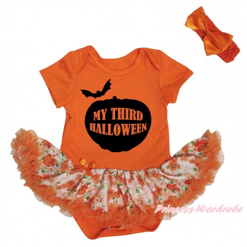Halloween Orange Baby Bodysuit Orange Flower Pettiskirt & Pumpkin My Third Halloween Painting JS5704