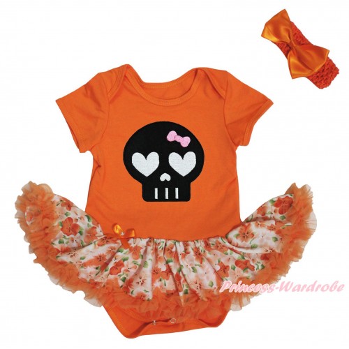 Halloween Orange Baby Bodysuit Orange Flower Pettiskirt & Black Skeleton Print JS5705