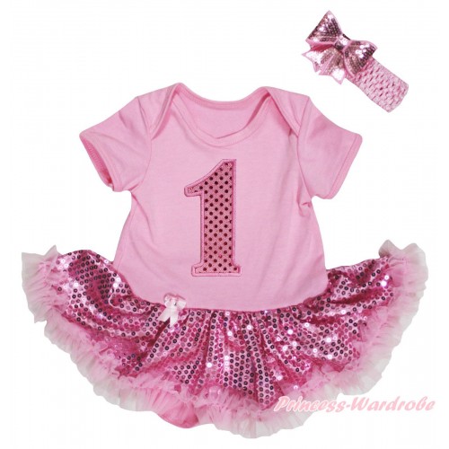 Light Pink Baby Bodysuit Light Pink Sequins Pettiskirt & 1st Sparkle Birthday Number Print JS5708