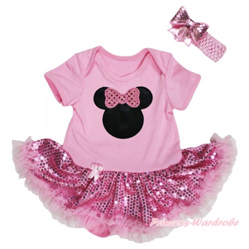 Light Pink Baby Bodysuit Light Pink Sequins Pettiskirt & Sparkle Light Pink Minnie Print JS5709