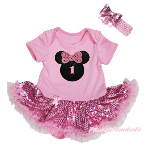 Light Pink Baby Bodysuit Light Pink Sequins Pettiskirt & 1st Sparkle Light Pink Birthday Number Minnie Print JS5710