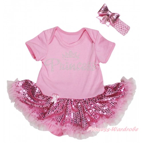 Light Pink Baby Bodysuit Light Pink Sequins Pettiskirt & Sparkle Rhinestone Princess Print JS5712