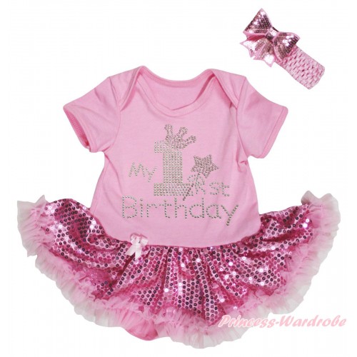 Light Pink Baby Bodysuit Light Pink Sequins Pettiskirt & Sparkle Rhinestone My 1st Birthday Print JS5713