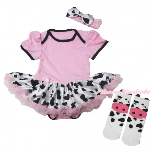 Light Pink Baby Bodysuit Milk Cow Pettiskirt & Milk Cow Animal Cotton Stocking JS5714