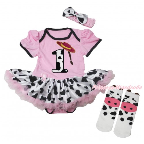 Light Pink Baby Bodysuit Milk Cow Pettiskirt & 1st Cowgirl Hat Braid Milk Cow Birthday Number Print & Milk Cow Animal Cotton Stocking JS5715