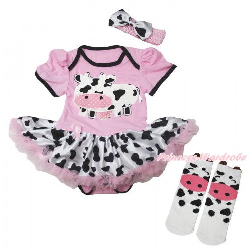 Light Pink Baby Bodysuit Milk Cow Pettiskirt & Milk Cow Print & Milk Cow Animal Cotton Stocking JS5716