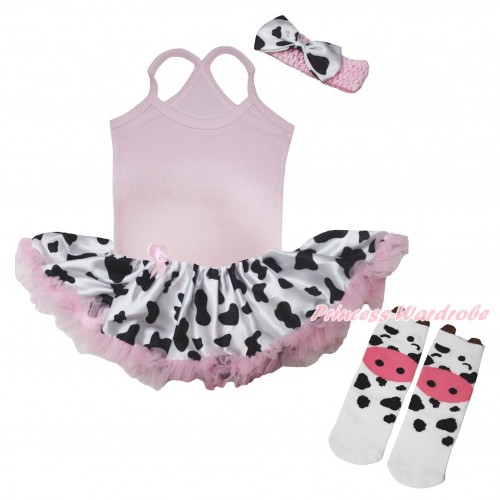 Light Pink Baby Halter Jumpsuit Milk Cow Pettiskirt & Milk Cow Animal Cotton Stocking JS5717