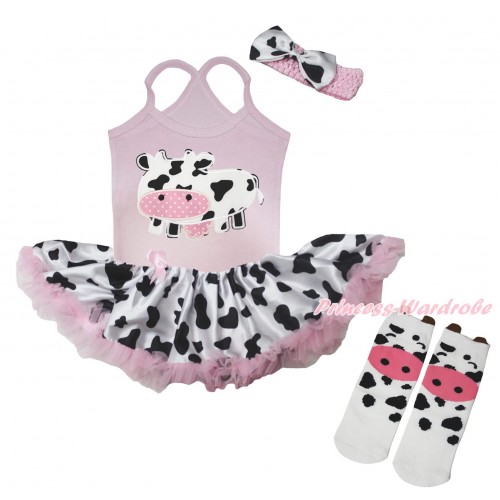 Light Pink Baby Halter Jumpsuit Milk Cow Pettiskirt & Milk Cow Print & Milk Cow Animal Cotton Stocking JS5719